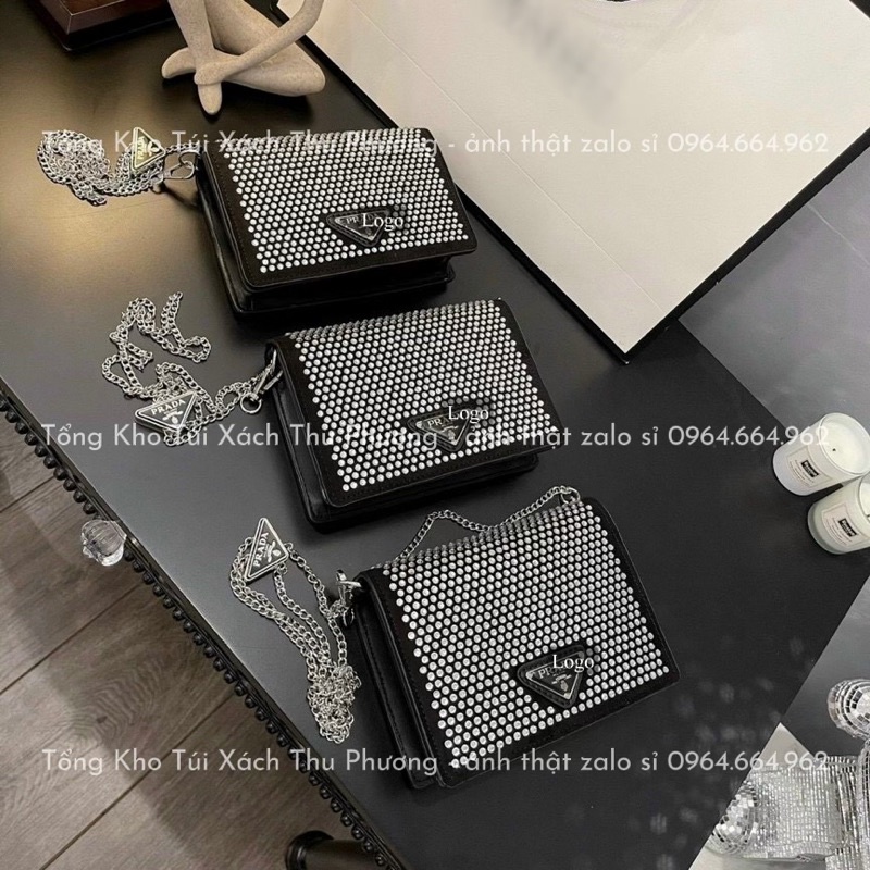 Túi đeo chéo nữ, Túi Pra.đà đính đá lấp lánh hàng loại 1 size 18 vừa điện thoại (fullbox - ảnh thật shop chụp)