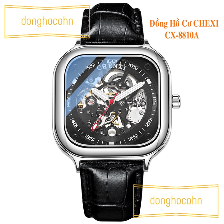 Đồng hồ cơ nam Chenxi mặt vuông dây da lộ máy tự động cao cấp CX-8810A