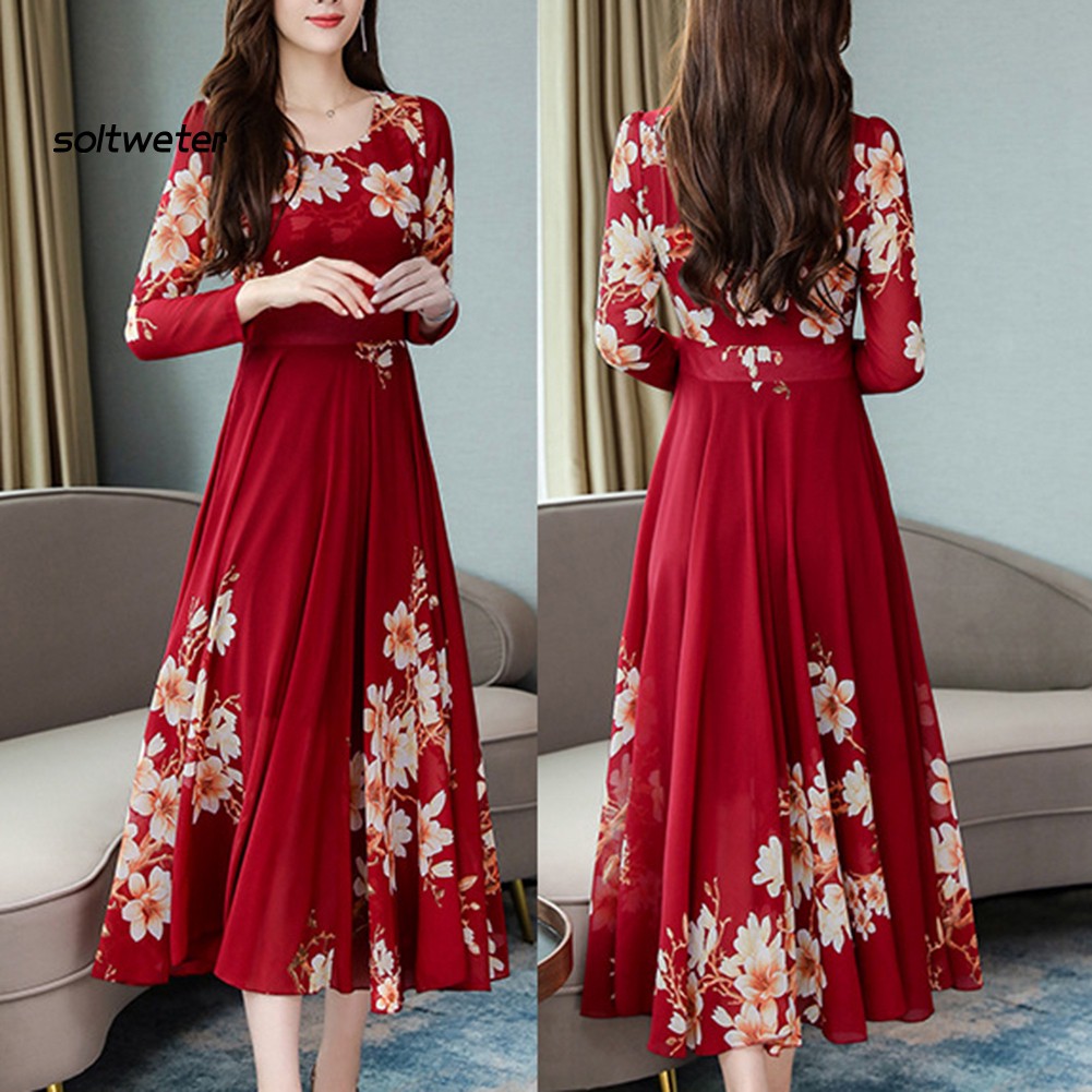 Đầm Maxi Hoa Tay Dài Cổ Tròn Thời Trang Dành Cho Nữ