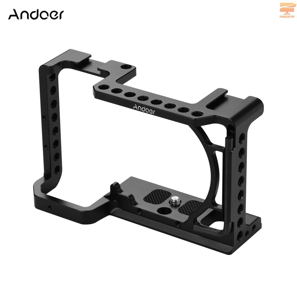 Andoer Professional Photography Camera Cage Kit Aluminum Alloy Camera Case Bracket with 1/4" 3/8" Extension Thread Holes and Cold Shoes Mini Wrench Compatible with Sony A6600,A6500,A6400,A6300,A6000