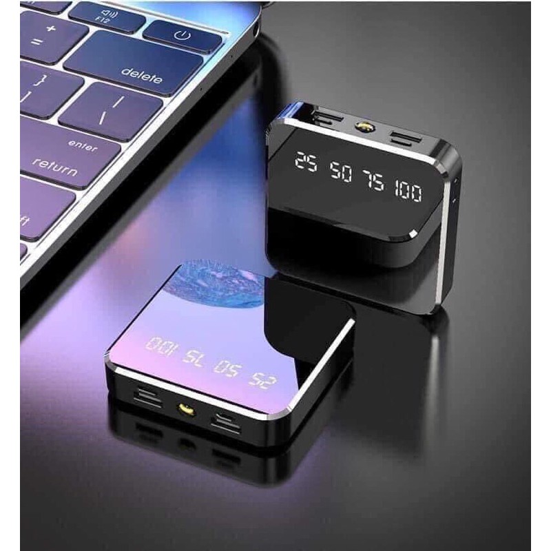 Sạc pin dự phòng mini 2 cổng usb  10000 mah mặt gương kèm đèn pin chiếu sáng