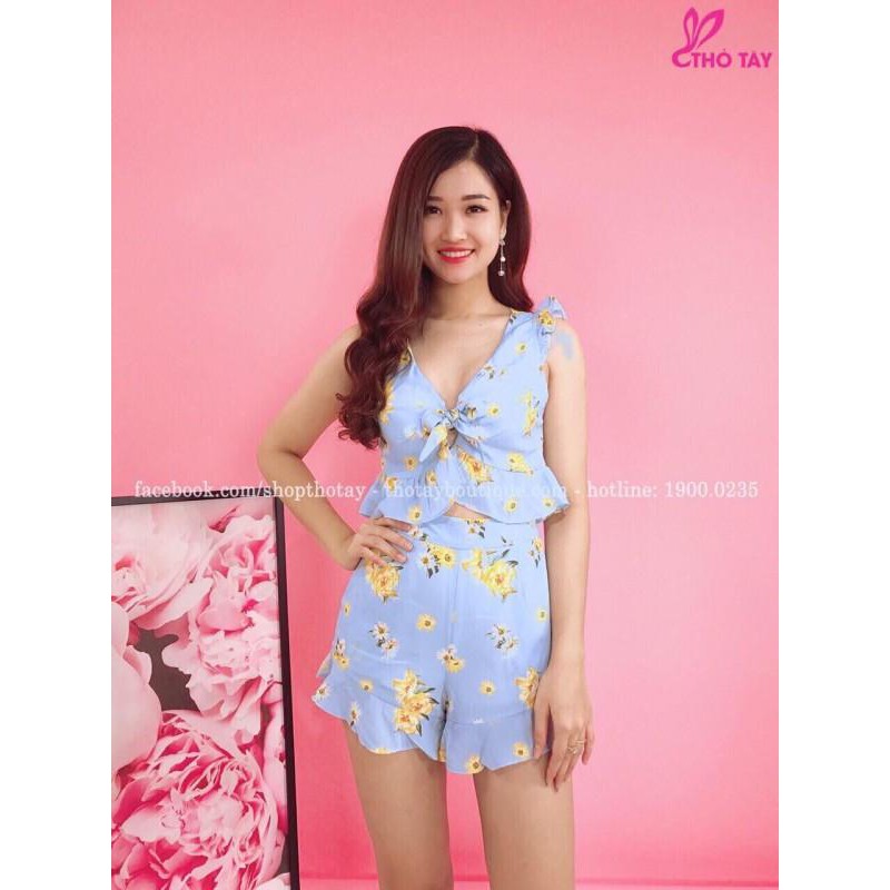 (Bỏ sỉ)Set hoa: áo lửng cột nơ+quần short lai bèo đep y hình,bao chất siêu cute MÃ 1P04063235