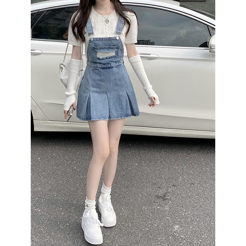 Đầm yếm jeans siêu phẩm váy ngắn xòe dập ly bo chun eo Hàn Quốc dễ thương