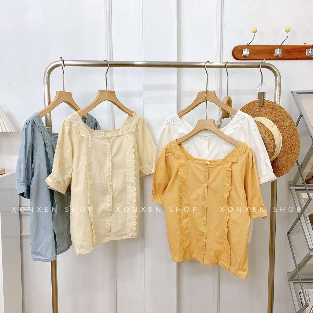 ÁO KIỂU NỮ áo cổ vuông phối ren dễ thương XONXEN SHOP freesize mã 3361