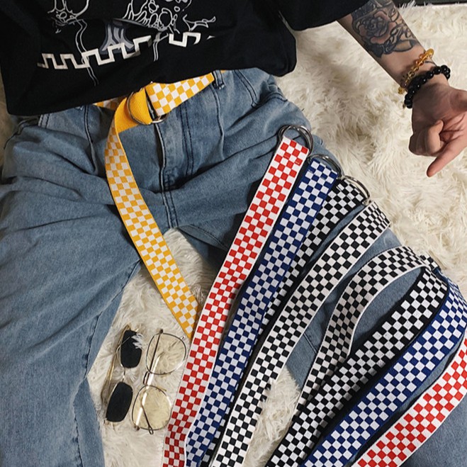 Thắt lưng vải canvas kẻ sọc caro thời trang cho nam và nữ