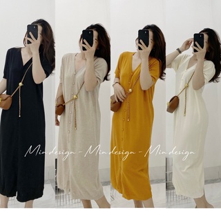 Đầm suông mongtoghi Quảng Châu cao cấp, thiết kế cổ V khuy bọc trẻ trung sang chảnh M27 - MIN Design