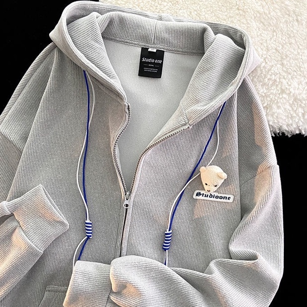 Happy-store ❤️ Áo Khoác Nỉ Dáng Rộng Nam Nữ Hoodie Zip Unisex Hình Gấu Studio Nỉ Gân 2 Màu