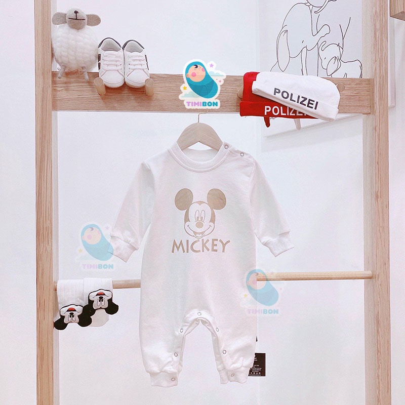 Quần Áo Trẻ Em Sơ Sinh Body Mickey Dài Tay Kèm Mũ Cho Bé Trai Bé Gái Chất Cotton [BDD19]