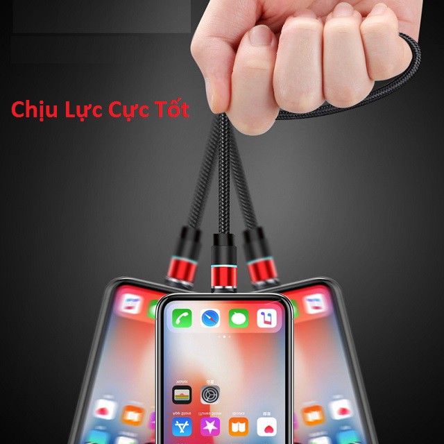 Cáp sạc từ hít nam châm 3 đầu Android và iPhone TYPE-C 360 độ dây dù có LED