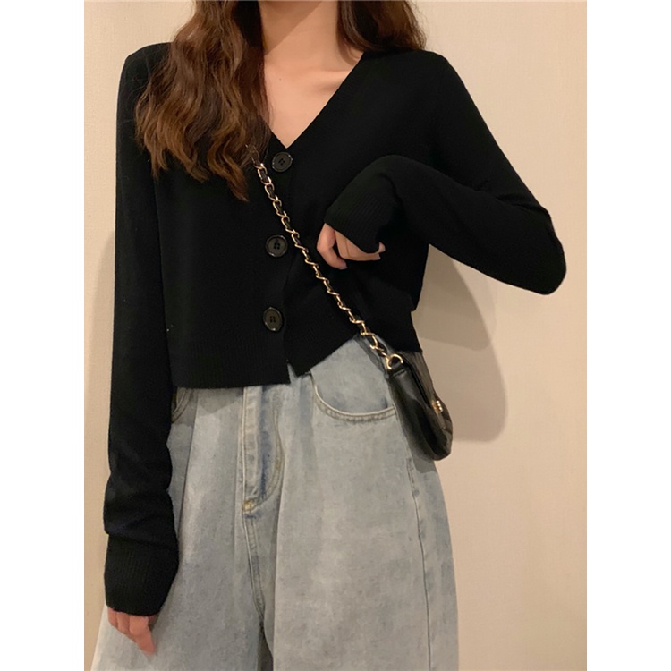 Áo khoác Cardigan dệt kim mỏng dáng ngắn cổ chữ V thời trang xuân thu mới cho nữ