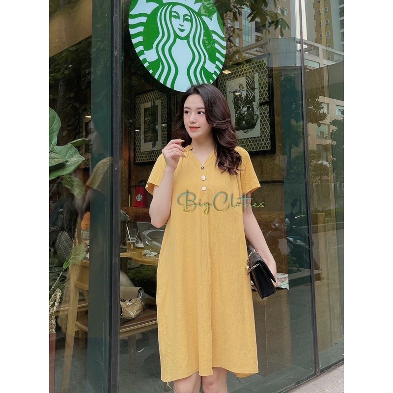 Váy đầm bigsize Bigclothes chất đũi xước màu vàng thiết kế khuy ngực bắt mắt thời thượng sang chảnh từ 45kg đến 70kg