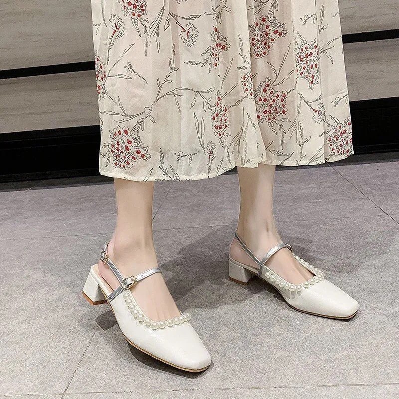Giày búp bê cao gót đế vuông hàng Quảng Châu gót cao 4cm đính ngọc