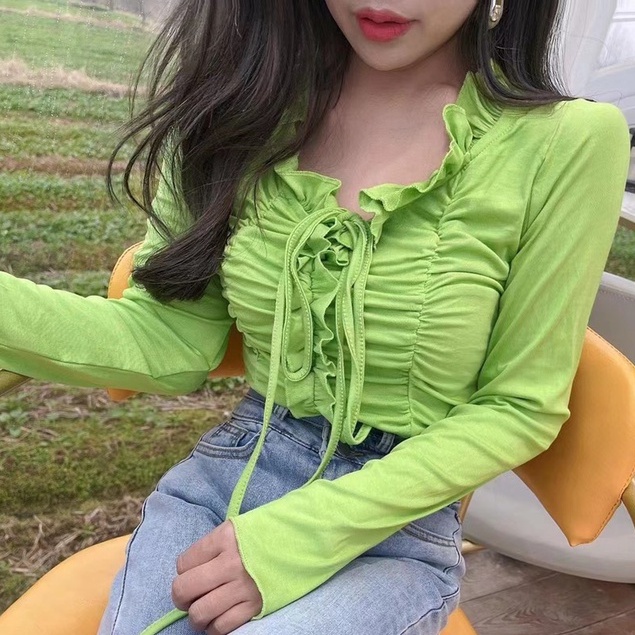 Áo Nhún Bèo Dây Rút Tay Dài LSEOUL A2364 Nhiều Màu Ngọt Ngào Nữ Tính