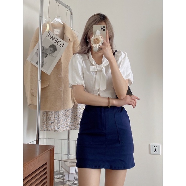[ Có sẵn ] Set sơ mi đũi crotop cổ nơ + chân váy umi cực đẹp