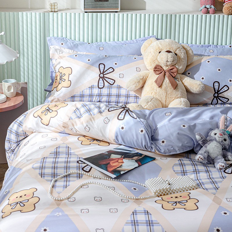 BỘ CHĂN GA GỐI COTTON POLY NHẬP KHẨU 100% ( CHĂN ĐÃ TRẦN BÔNG) HỌA TIẾT GẤU NƠ - ĐỦ KÍCH THƯỚC