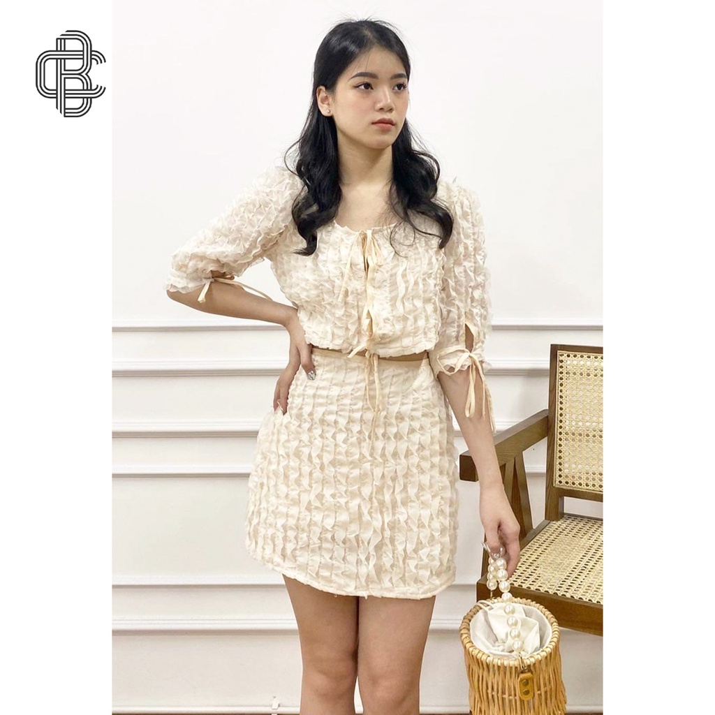 Set bộ nữ vải ren sóng buộc nơ mềm mại vintage nữ tính - La’coba