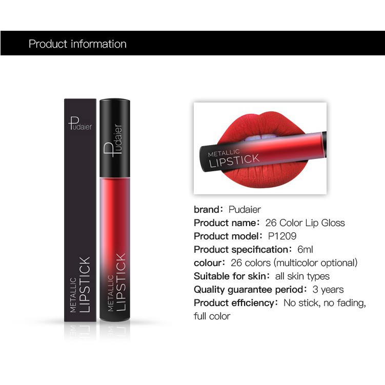 Son môi hiệu ứng bóng mượt Pudaier 18 màu thời trang 50g