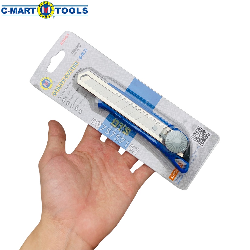 Dao rọc giấy đa năng 18mm có núm xoay C-Mart A0001, dao trổ cố định lưỡi dao siêu sắc, cắt giấy, rọc băng keo bìa carton
