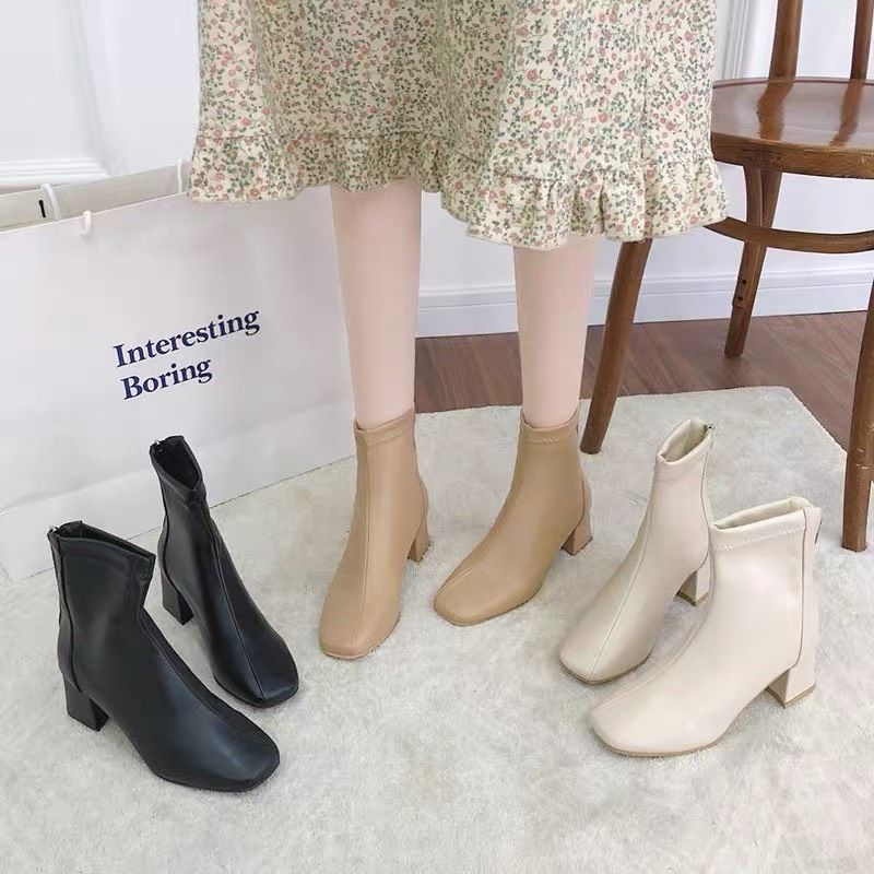 Boot nữ da mềm, boot cổ cao viền chỉ mũi vuông, gót 5 cm