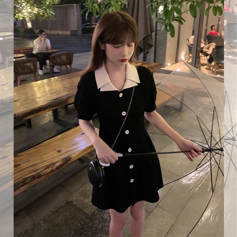 Đầm Perty cổ polo kiểu dáng đơn giản phong cách Hàn Quốc retro cho nữ