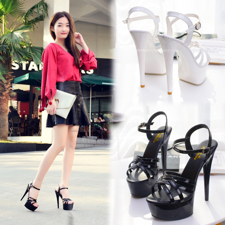 ✶▼✵Catwalk Artifact Model High Heels Stilettos Sexy Black Waterproof Platform 15cm Hengtian Super Heel Sandals Female Summer