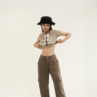 Áo ERRORIST Skull Croptop in sọc đầu lâu xanh/nâu cá tính