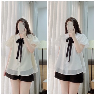Áo voan tơ tay bồng nơ đen