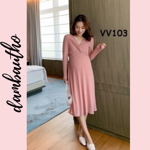 Đầm bầu body hàng Quảng Châu Cao Cấp chất nhung kim tuyến loại tay dài 2 màu đen và hồng