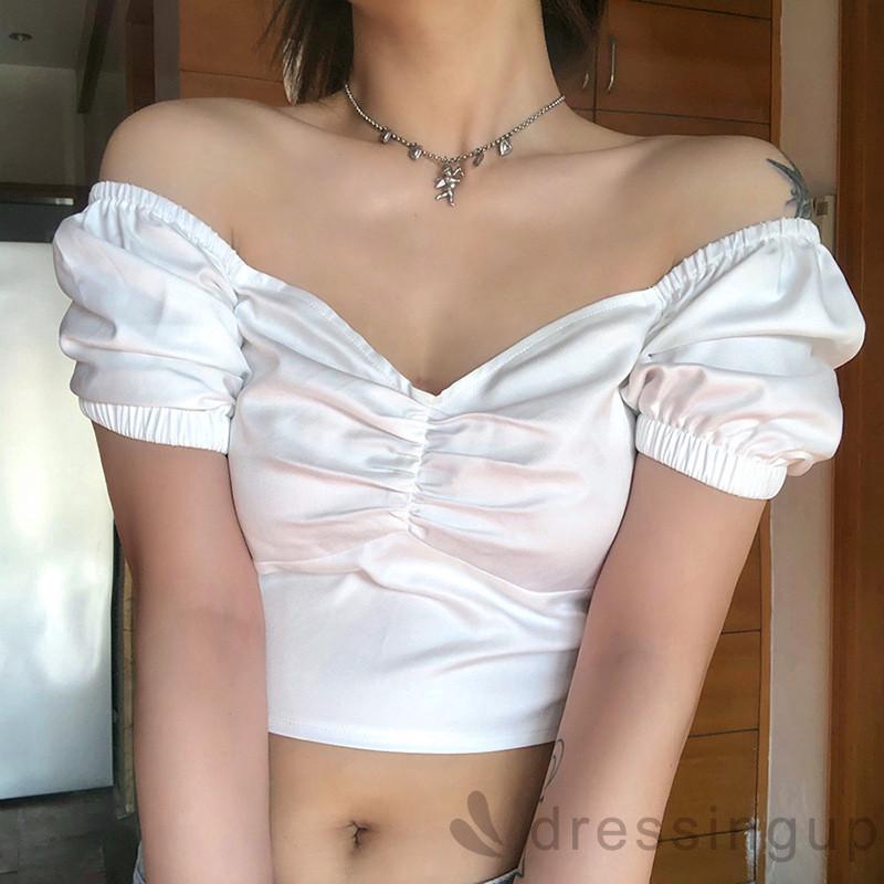 Áo kiểu ngắn tay cổ vuông màu trơn thời trang mùa hè gợi cảm cho nữ