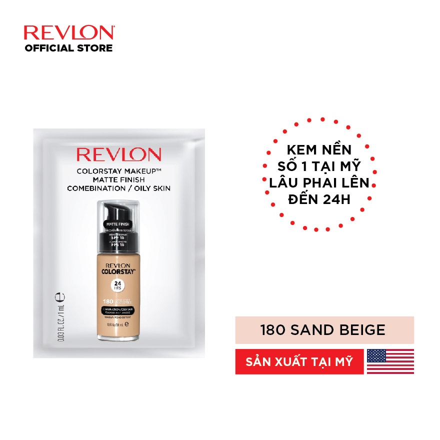 Combo 3 mẫu thử kem nền kiềm dầu lâu trôi số 1 tại Mỹ Revlon Colorstay - 180 Sand Beige Sachet