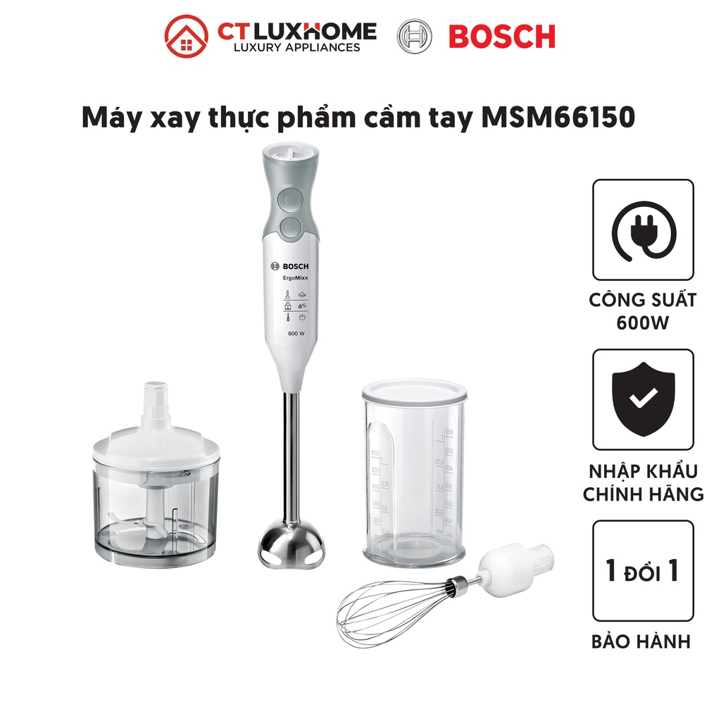 Máy xay thực phẩm cầm tay Bosch MSM66150 12 cấp tốc độ, 600W, 220V, 50/60Hz, Kèm cây đánh trứng