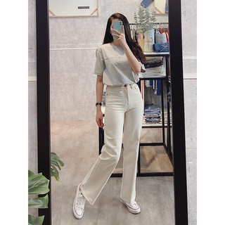 Quần Jeans nữ ống xuông ôm lưng cao màu kem chỉ bò tua lai thương hiệu Five Jeans