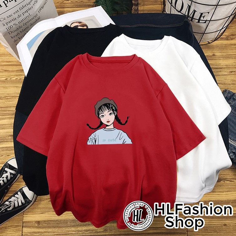 Áo thun tay lỡ form rộng cô gái 2 bim tóc siêu dễ thương, áo phông form rộng size HLFashion