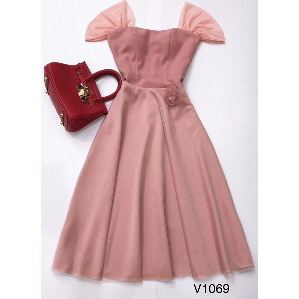 [ xả kho ] MiD Đầm hồng tay voan trễ vai V1069 Mie Design ảnh thật