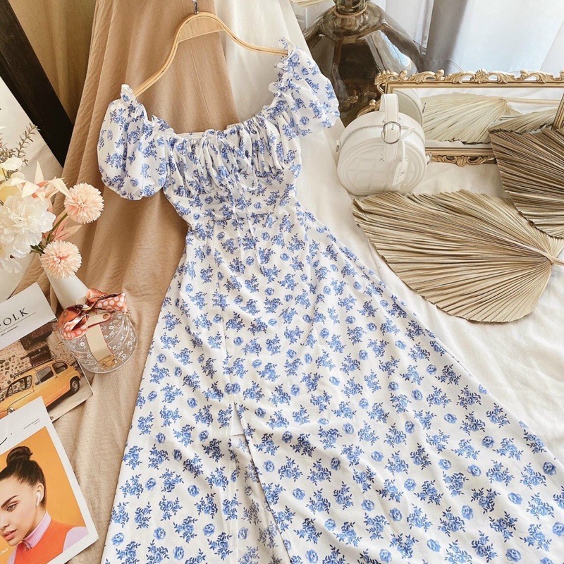 ĐẦM HOA XANH MIDI NHÍU NGỰC | BigBuy360 - bigbuy360.vn