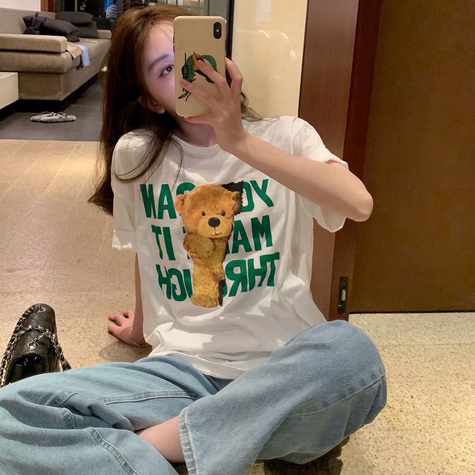 Áo Thun Cotton Tay Ngắn Dáng Rộng In Hình Gấu Và Chữ Đơn Giản Thời Trang Phong Cách Harajuku