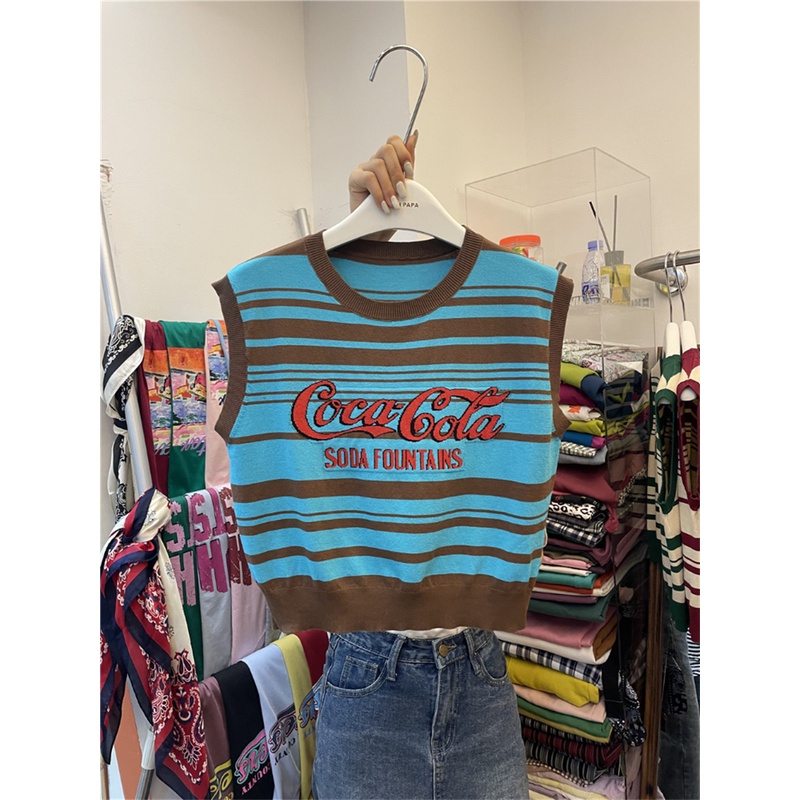 Áo tanktop XIAOZHAINV vải dệt kim sát nách kẻ sọc in chữ kiểu retro Hàn Quốc xinh xắn cho nữ