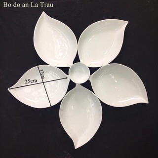Bộ đĩa gốm sứ Bát Tràng hình lá trầu đẹp men trắng tinh, sáng bóng decor Tuhaco