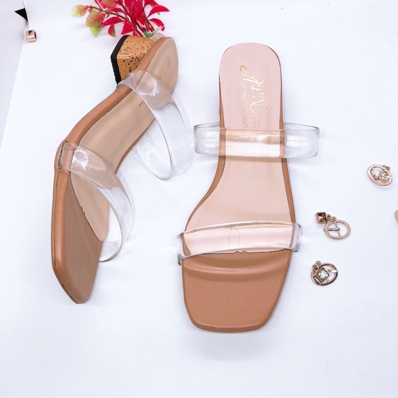 Guốc cao gót, dép cao gót vuông giả gỗ 4cm quai trong dày 2 dây ngang