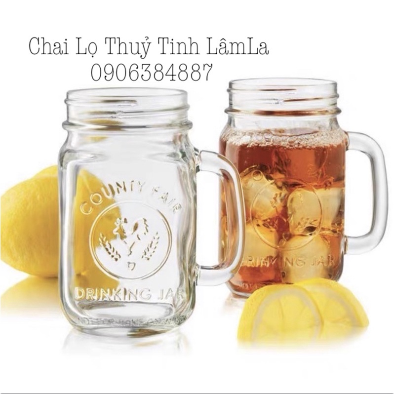 Cốc Ly Quai Thuỷ Tinh Hình Drinking Jar Nắp Nhôm Bạc 480ml