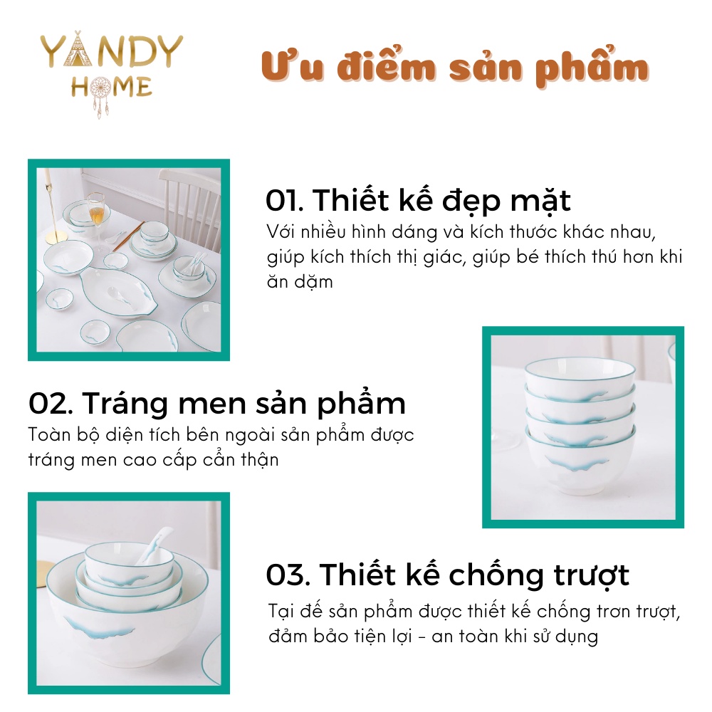 Bát đĩa tô chén gốm sứ YANDY HOME BB12 màu trắng vân mây 10 chi tiết men bóng