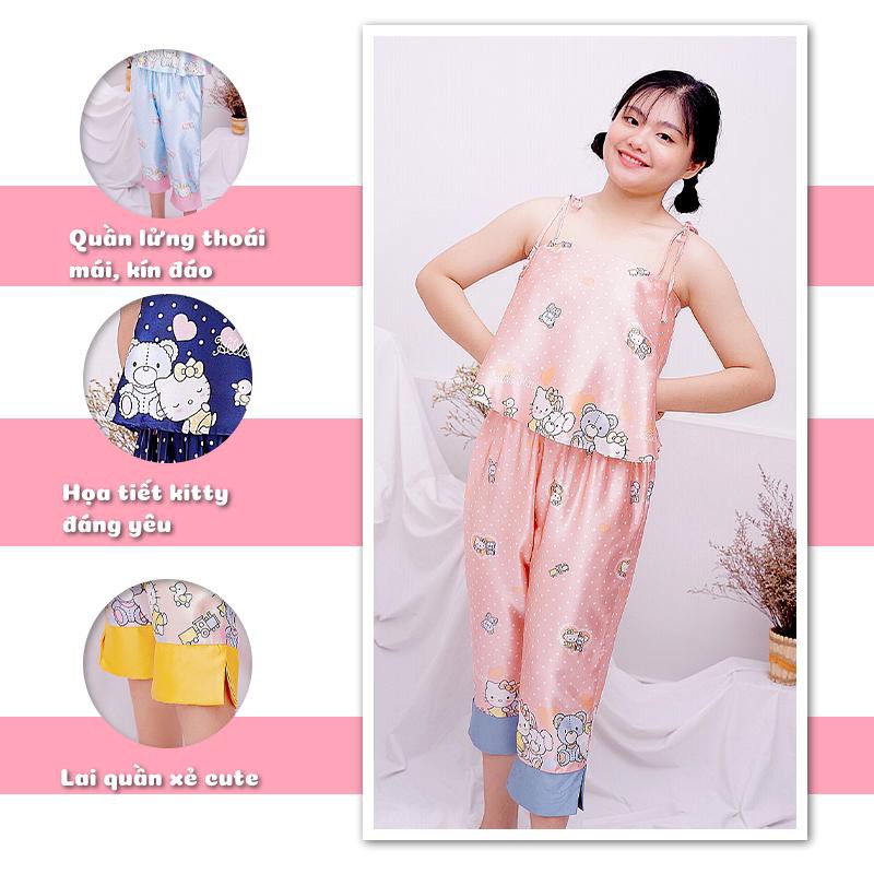 Đồ bộ lụa SBORG đồ ngủ 2 dây mặc nhà quần lửng in kitty cute có túi freesize dưới 58kg quà tặng vợ trendy
