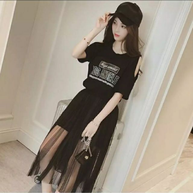 Set áo váy dáng dài hở vai và váy ren mỏng đẹp tinh tế (nhiều màu)