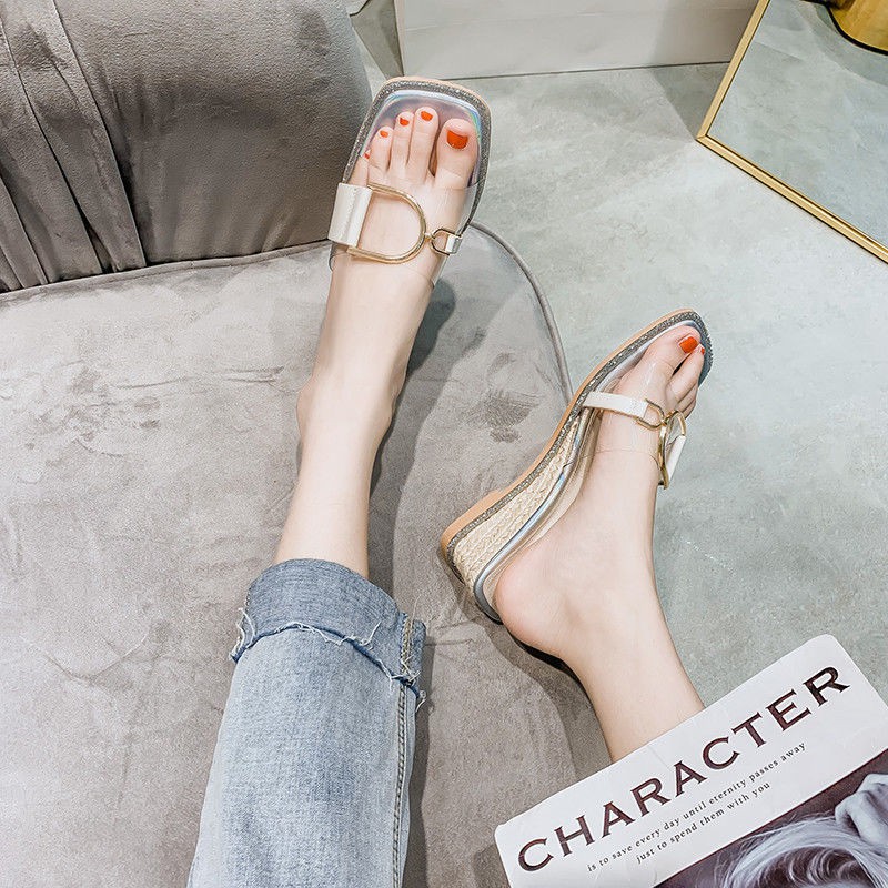 ☢Wedge Sandals and Slippers Women s Summer Outing Wear 2021 New Wild Fashion Transparent High Heels Trifle Platform Flip-Flops