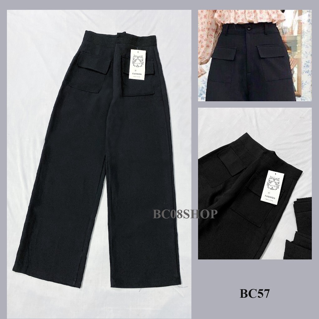 Quần Tây Ống Suông Đen Phối Túi Trước lưng cao Basic BC57