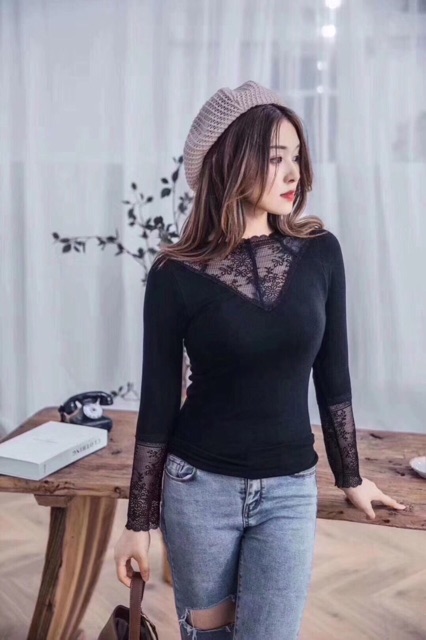 Áo giữ nhiệt cổ ren lót lông mịn