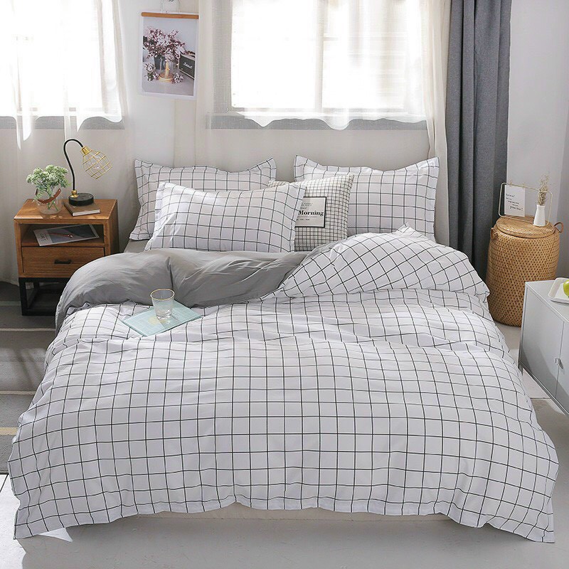 Bộ Chăn Ga Gối Cotton Poly Kẻ Caro Trắng bộ 4 món - drap giường cao cấp 2021