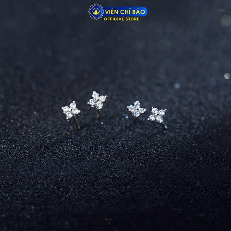Bông tai bạc nữ hoa bốn cánh đính đá chất liệu bạc 925 thời trang phụ kiện trang sức nữ Viễn Chí Bảo B400151