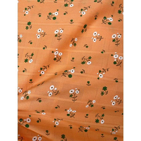 vải boi nền cam kẻ sọc in hoa siêu xinh may váy và đồ hand made