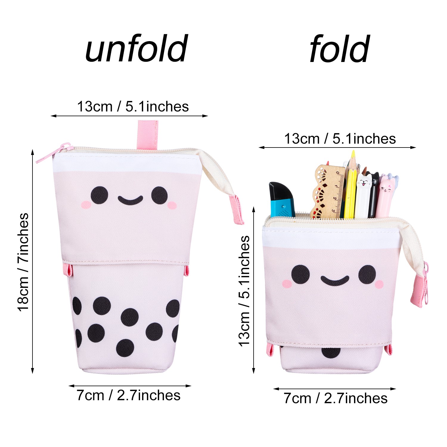 JUNE Cute Pencil Case Portable Zipper Storage Box Telescopic Pen Bag New Canvas School Supplies Stationery Large Capacity Makeup Pouch/Multicolor